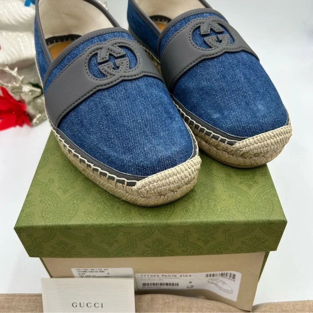 Men’s Gucci interlocking G espadrille’s in blue denim size 9, made in Spain